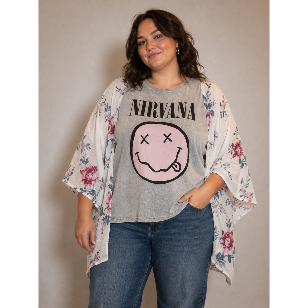 Upcycled Nirvana Smiley Face Graphic Top Pink Floral Boho Band Tee Womens O/S
